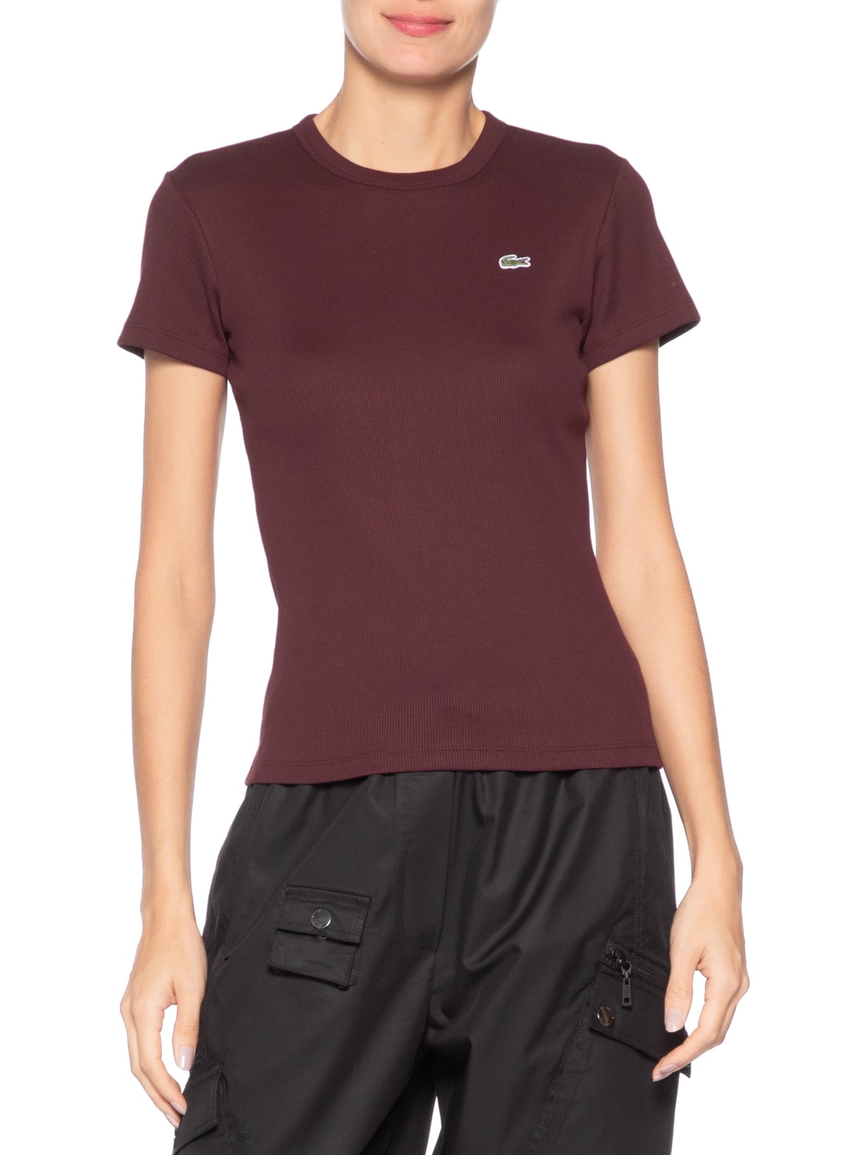 Camiseta Feminina De Algodão Canelada Marrom Lacoste