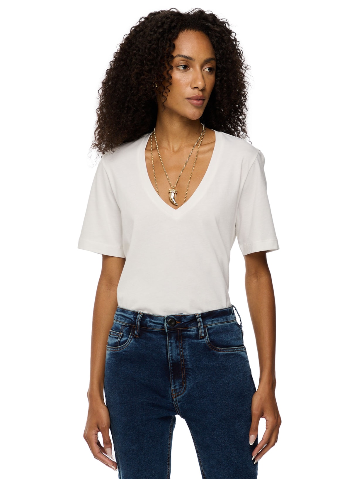 Camiseta Feminina De Algodão Pima Decote V - Branco