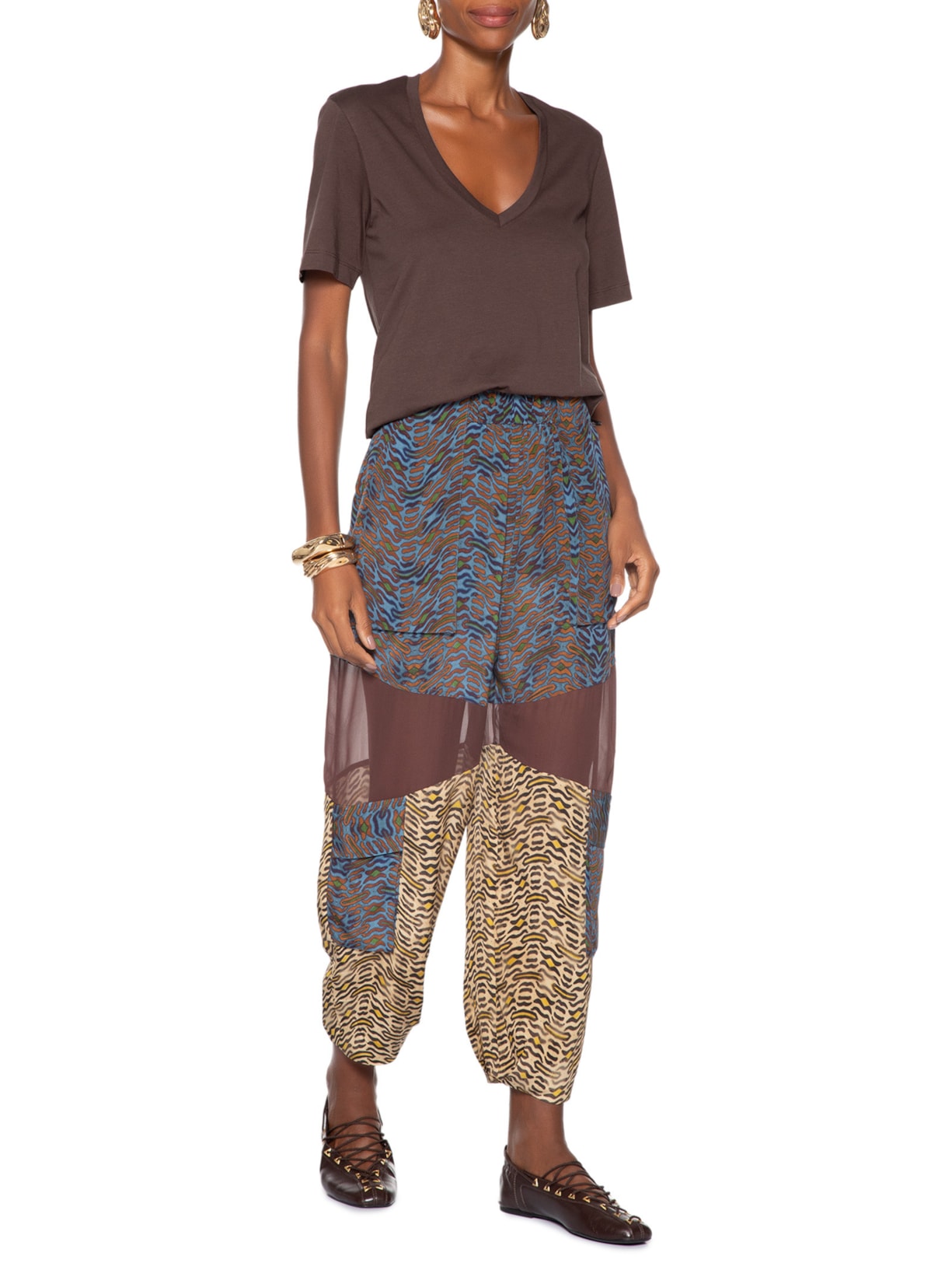 Camiseta Feminina De Algodão Pima Decote V Colors Marrom Animale