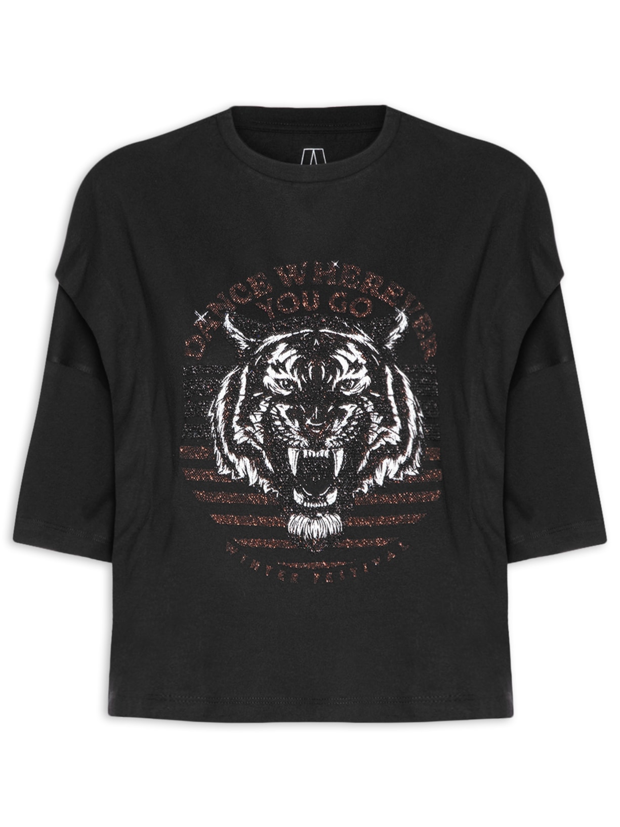 Camiseta Feminina De Malha Recortes Bright Onça - Preto