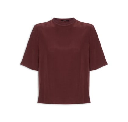 Camiseta Feminina De Seda Boho Gola Rib - Marrom