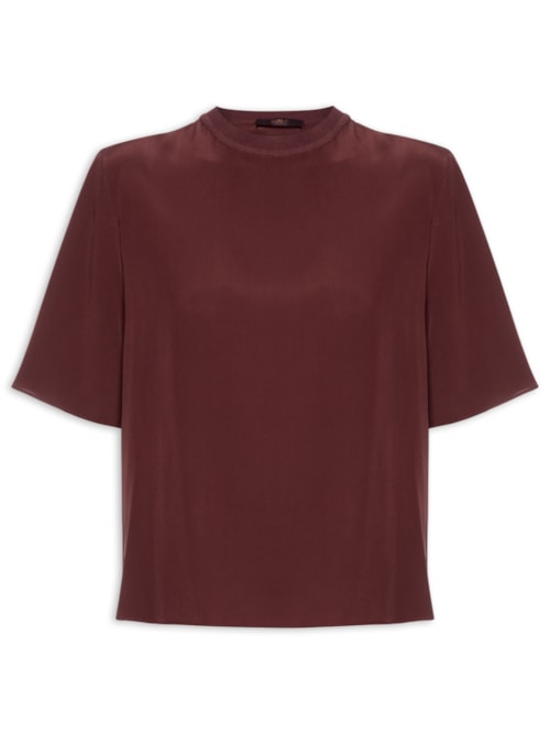 Camiseta Feminina De Seda Boho Gola Rib - Marrom