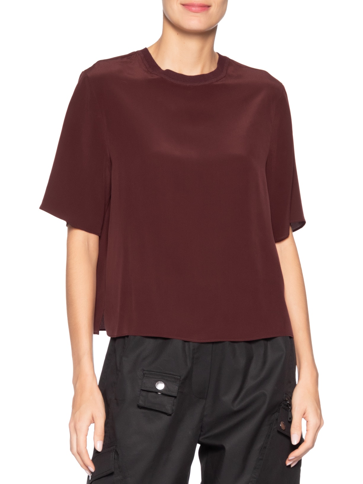 Camiseta Feminina De Seda Boho Gola Rib Marrom Animale
