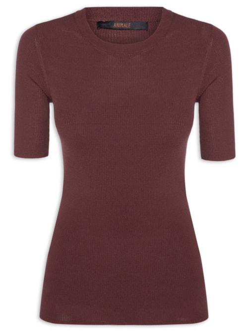 Camiseta Feminina De Tricot Canelado Básica - Marrom
