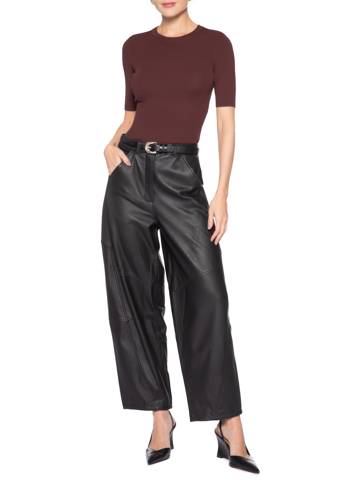 Camiseta Feminina De Tricot Canelado Básica Marrom Animale