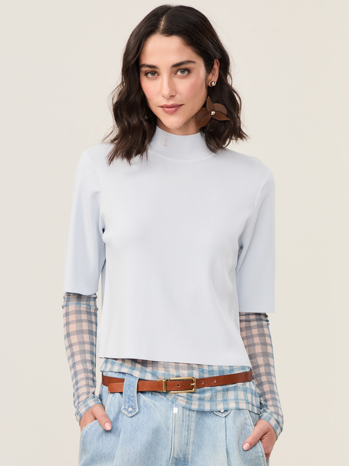Camiseta Feminina De Tricot Gola Alta Básica Azul Animale