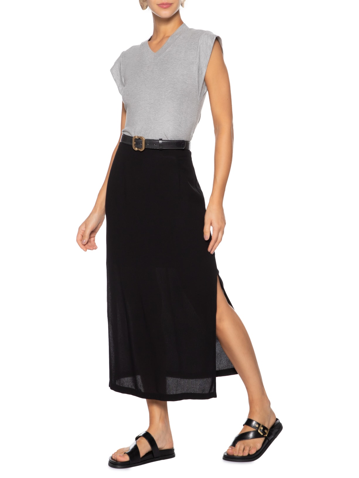 Camiseta Feminina Decote Em V Cinza Basiq