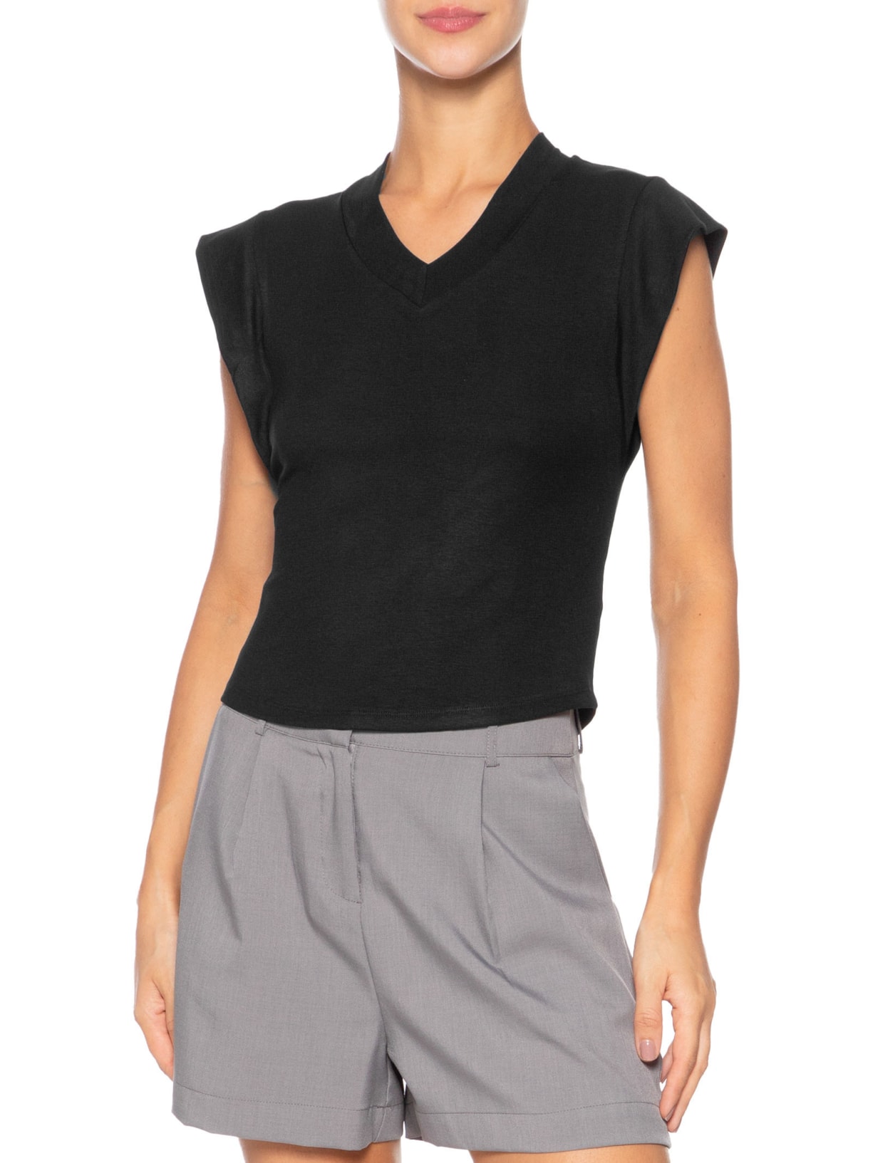 Camiseta Feminina Decote Em V Preto Basiq