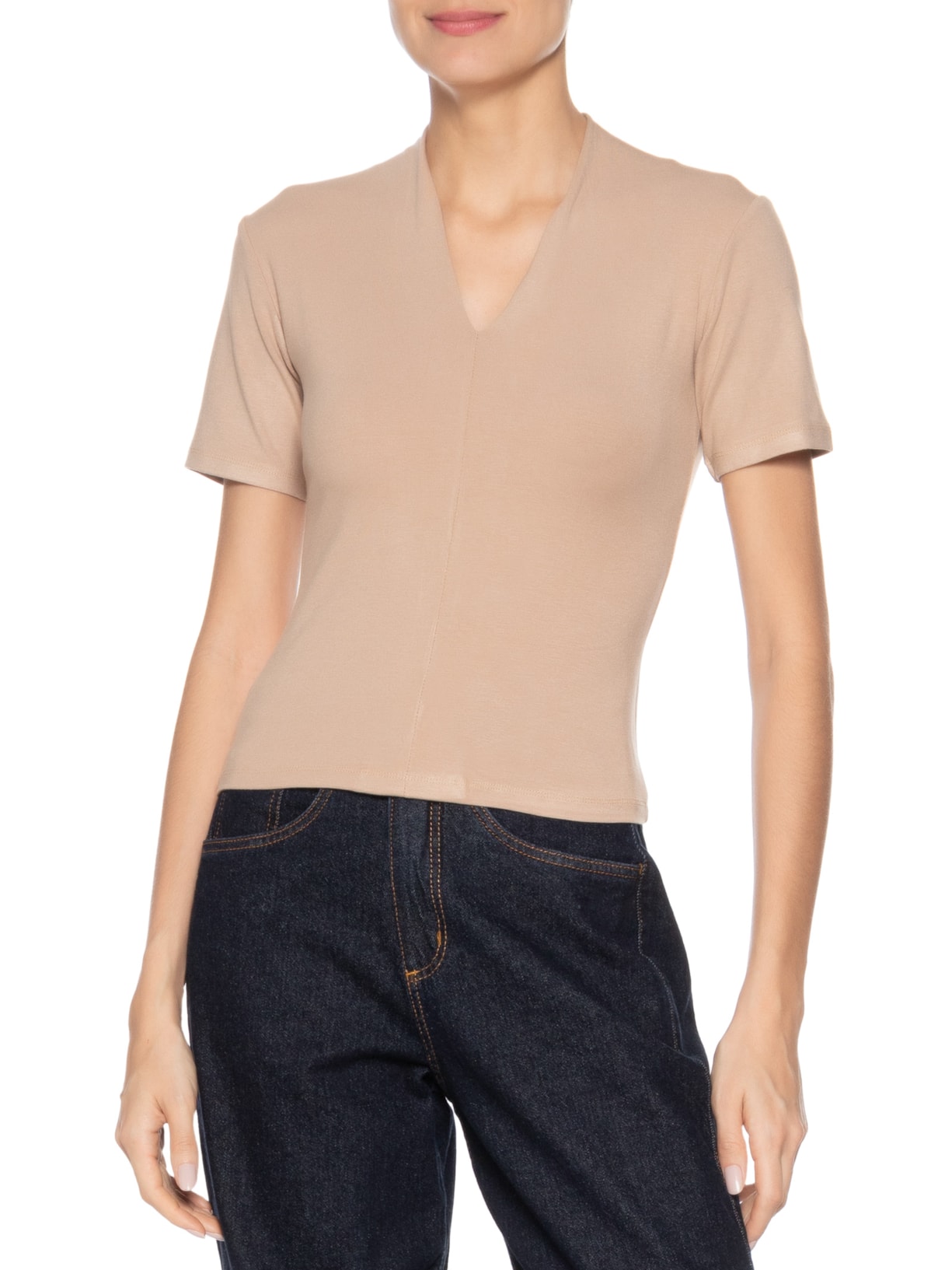 Camiseta Feminina Decote V Bege Basiq