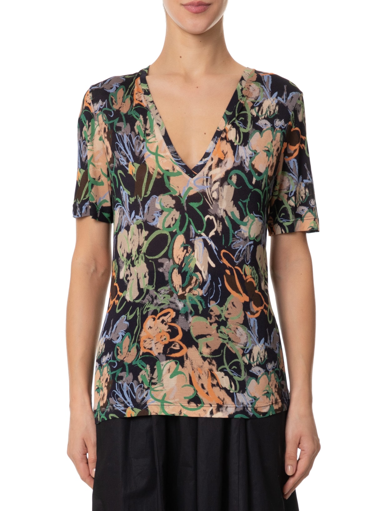 Camiseta Feminina Decote V Floral Pastel Preto Animale