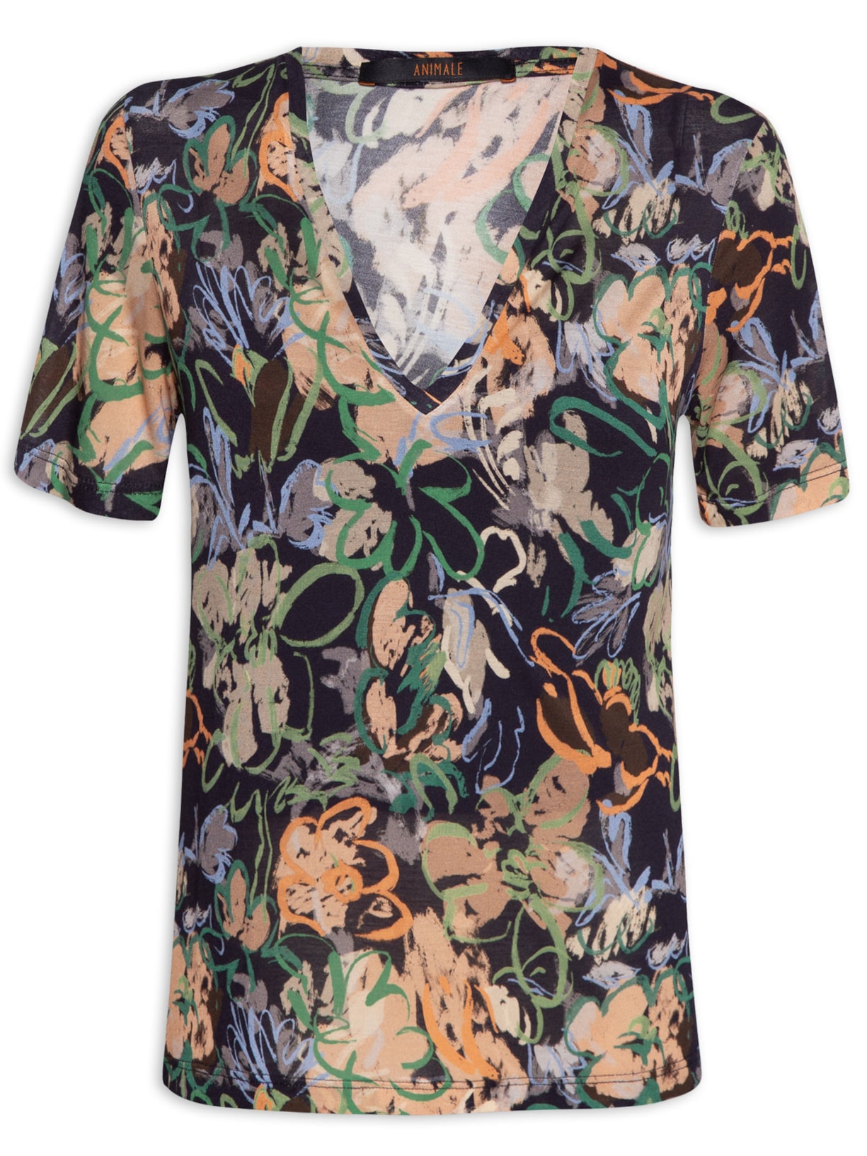 Camiseta Feminina Decote V Floral Pastel Preto Animale