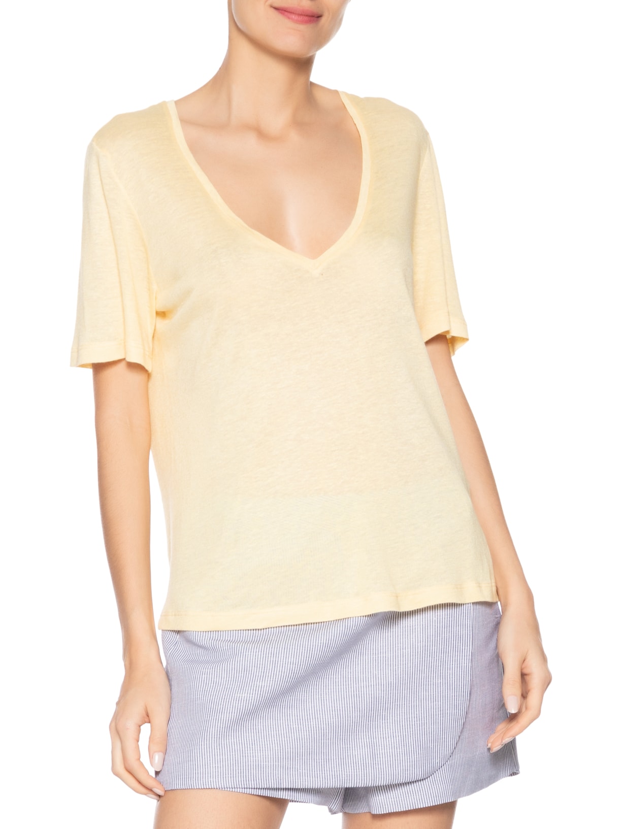 Camiseta Feminina Decote V Linho Amarelo Animale