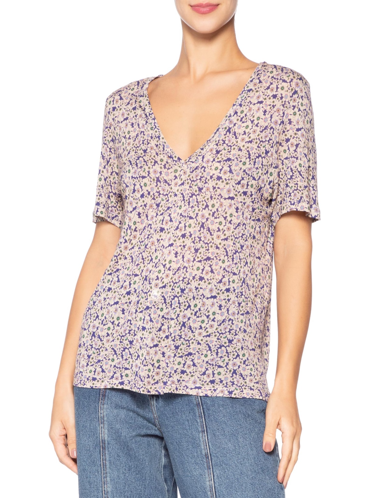 Camiseta Feminina Decote V Manga Curta Azul Animale