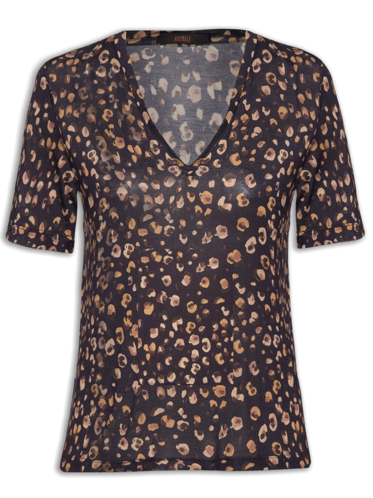 Camiseta Feminina Decote V Manga Curta Estampa Onça Guache - Preto