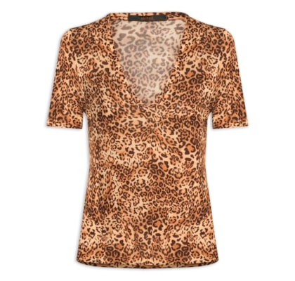 Camiseta Feminina Decote V Manga Curta Onça - Animal Print