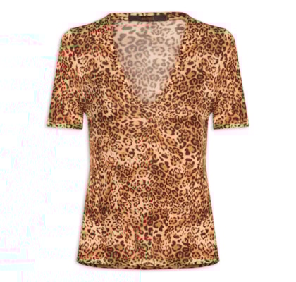 Camiseta Feminina Decote V Manga Curta Onça - Animal Print