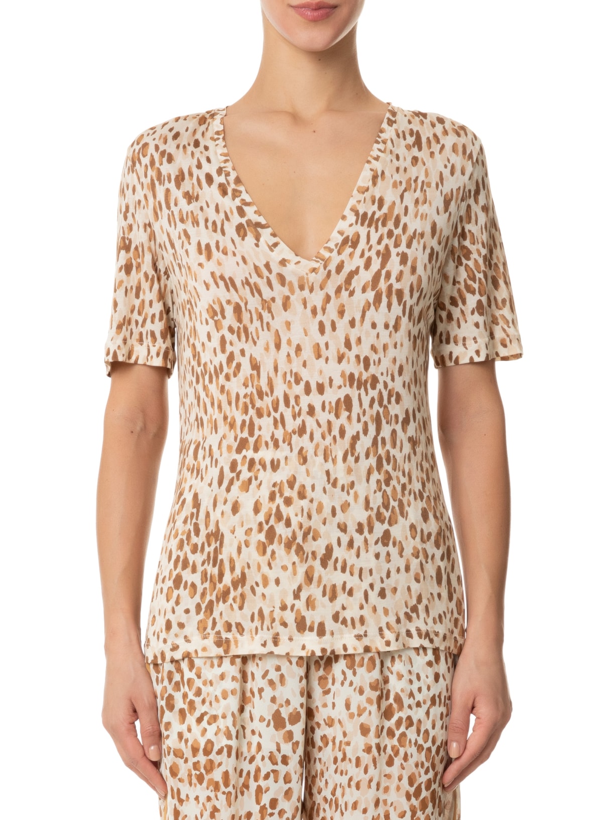 Camiseta Feminina Decote V Manga Curta Onça Moderna Bege Animale