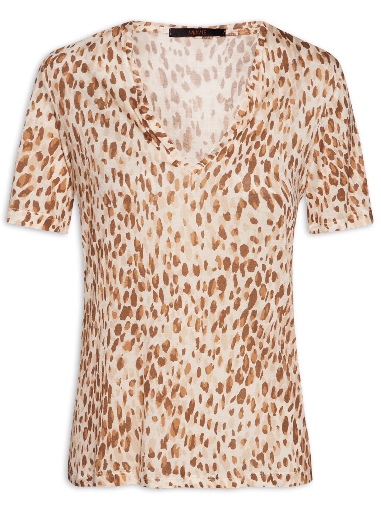 Camiseta Feminina Decote V Manga Curta Onça Moderna Bege Animale