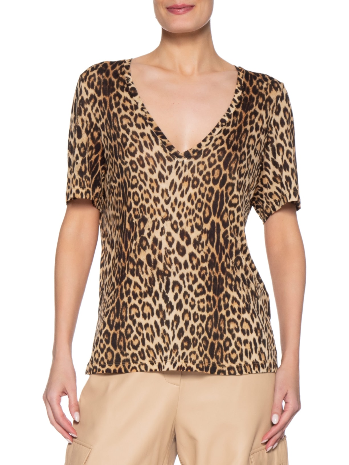 Camiseta Feminina Decote V Manga Curta Onça – Marrom Animale