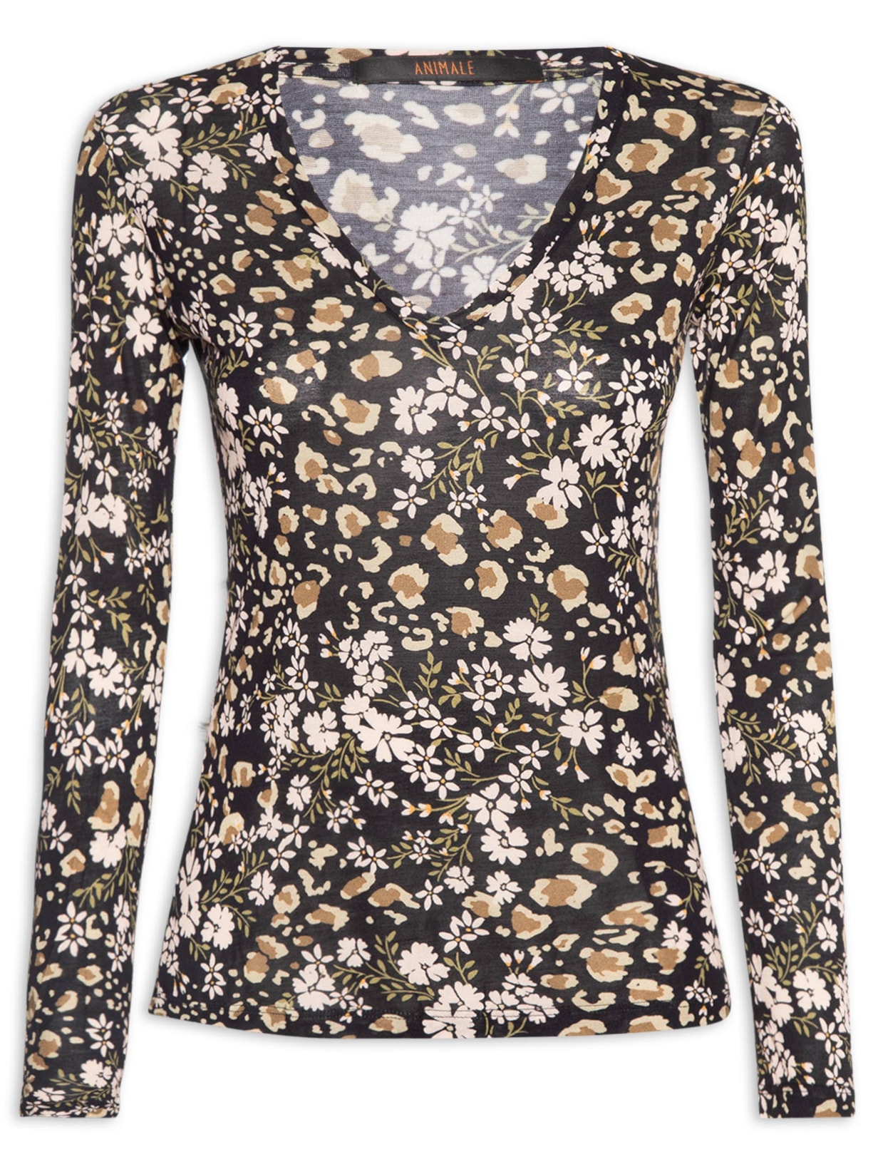 Camiseta Feminina Decote V Manga Longa Liberty Preto Animale