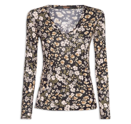 Camiseta Feminina Decote V Manga Longa Liberty - Preto