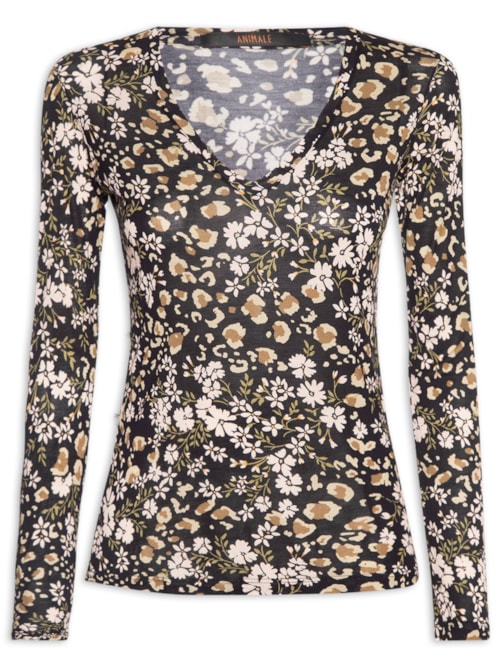 Camiseta Feminina Decote V Manga Longa Liberty - Preto