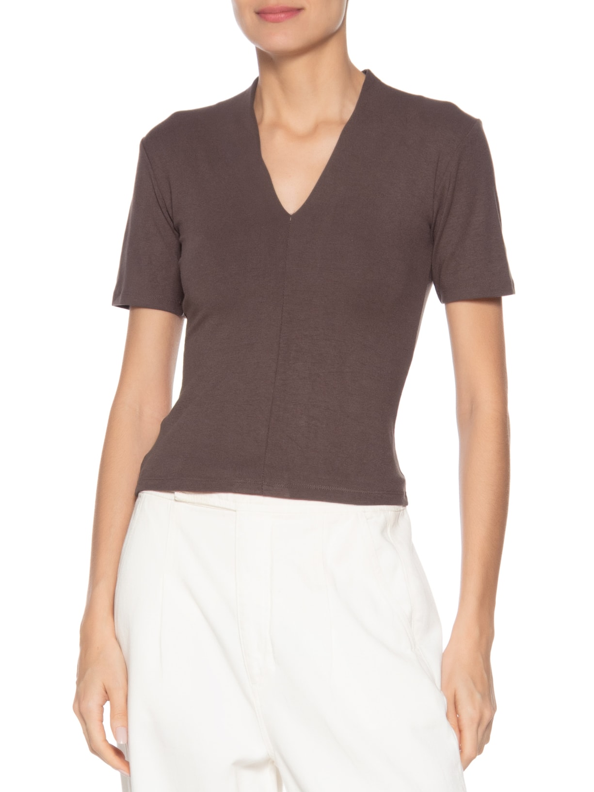 Camiseta Feminina Decote V Marrom Basiq