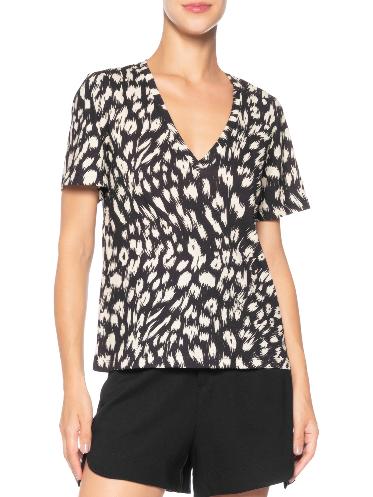 Camiseta Feminina Decote V Onça Abby Preto Animale