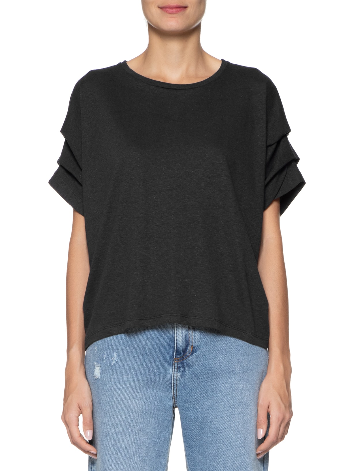 Camiseta Feminina Detalhe Ombro Preto Basiq