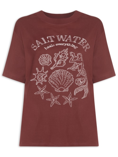 Camiseta Feminina Double Bordado Salt Water - Marrom