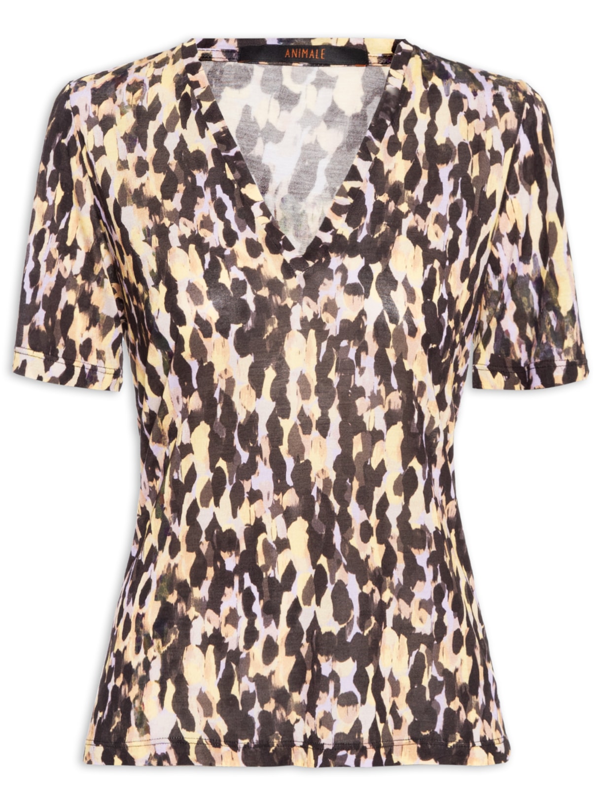 Camiseta Feminina Fininha Decote V Estampada Textura FIn - Preto