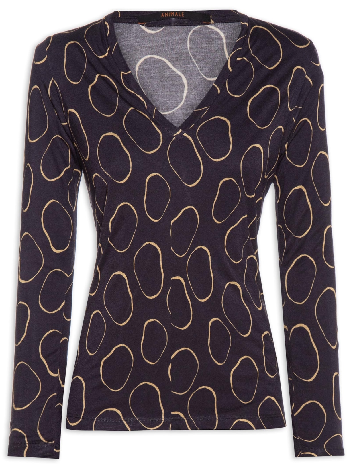 Camiseta Feminina Fininha Decote V Manga Longa Estampa Pois Aro - Preto