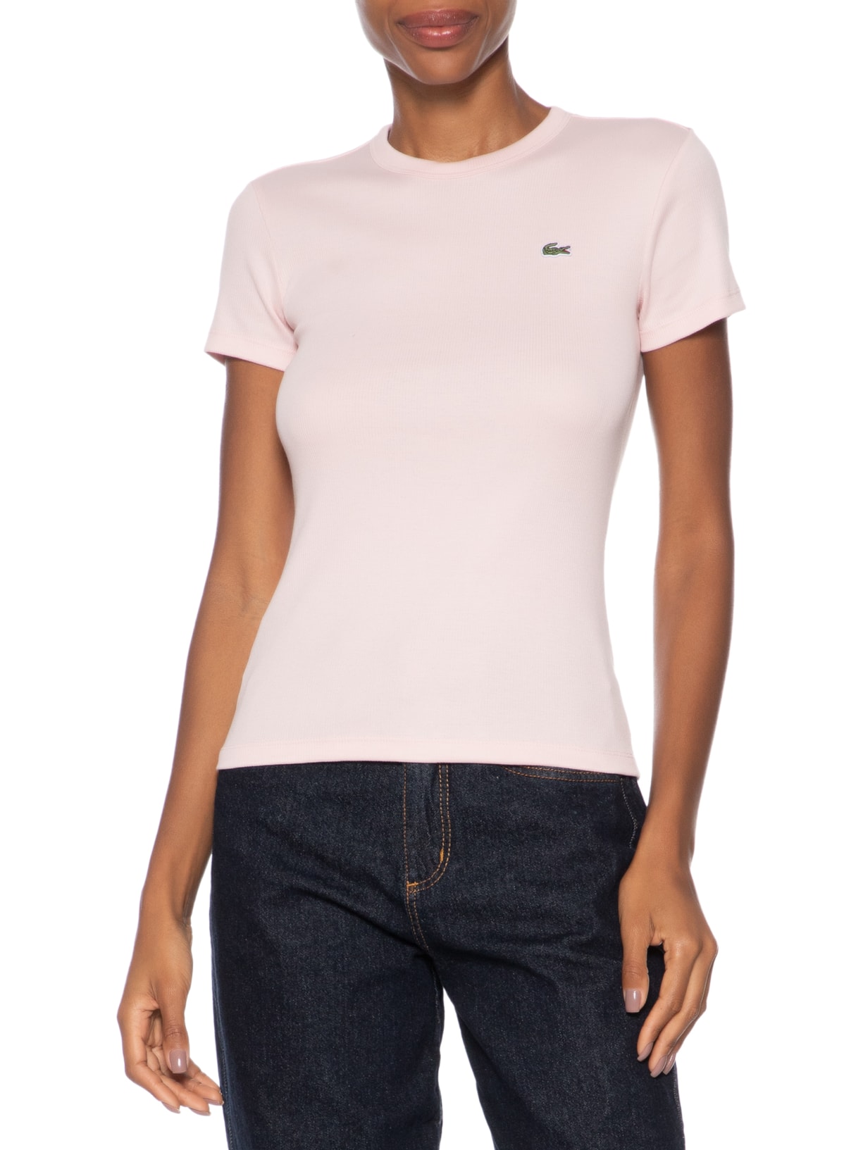 Camiseta Feminina Fit Ajustado Canelado Rosa Lacoste