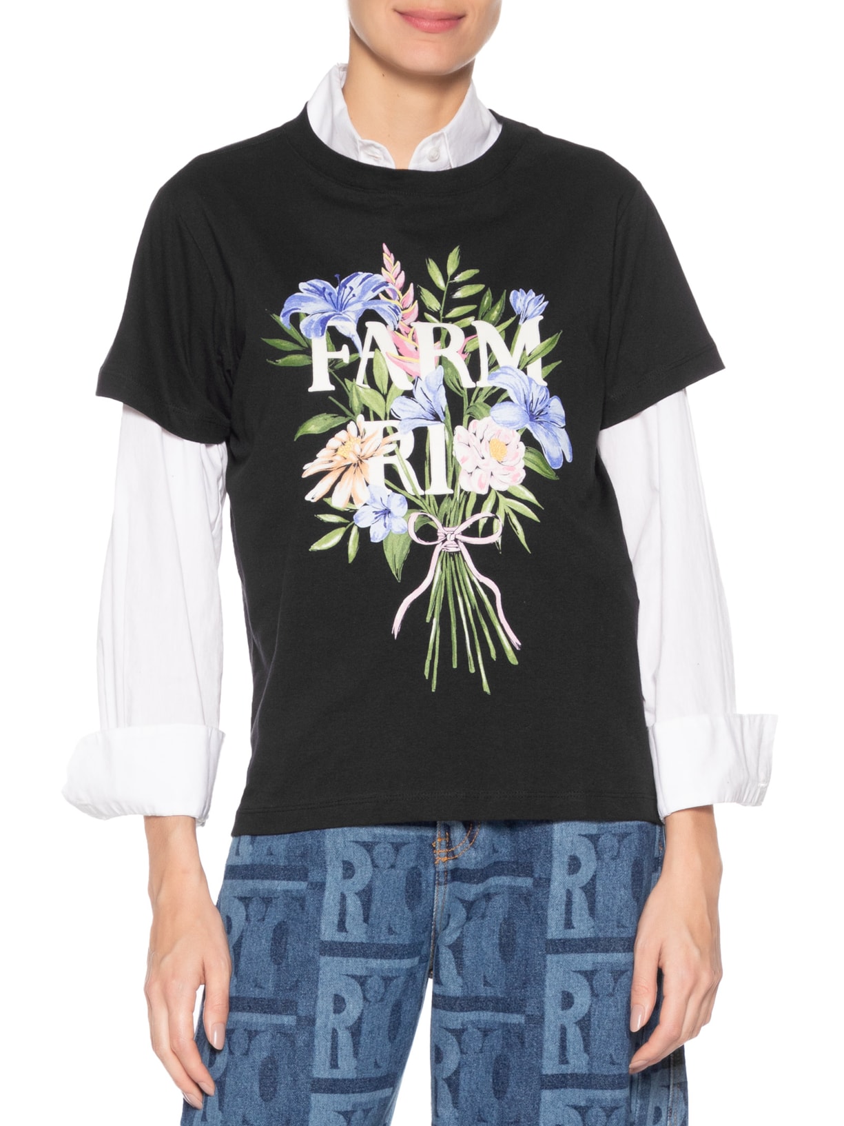 Camiseta Feminina Fit Buquê Preto Farm