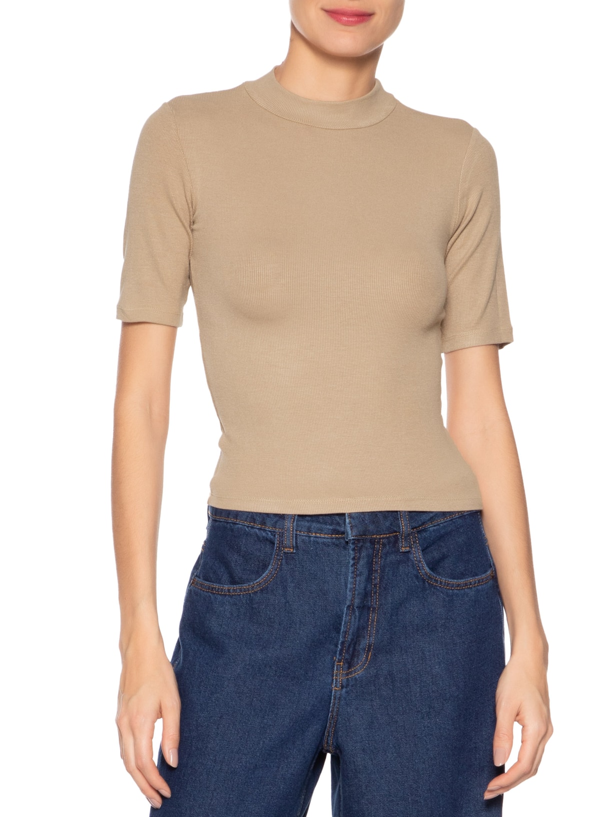 Camiseta Feminina Gola Alta Bege Basiq