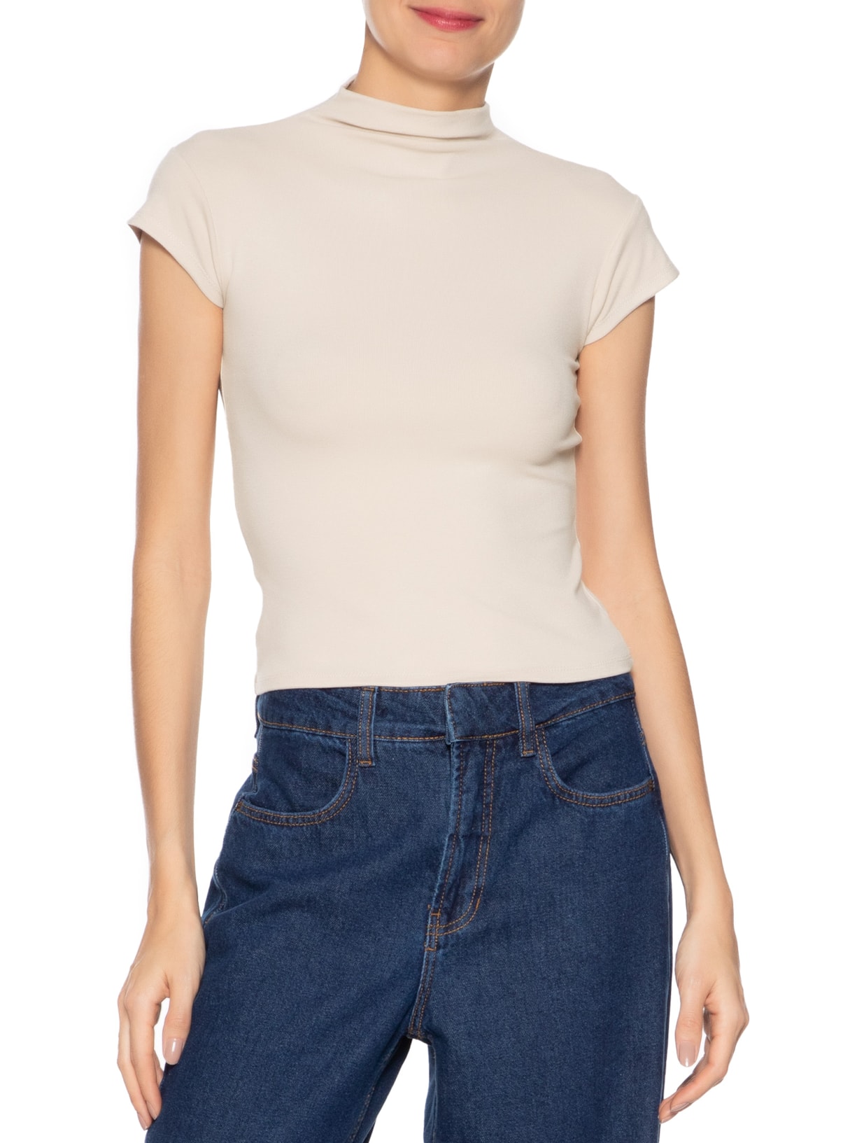 Camiseta Feminina Gola Alta Bege  Basiq