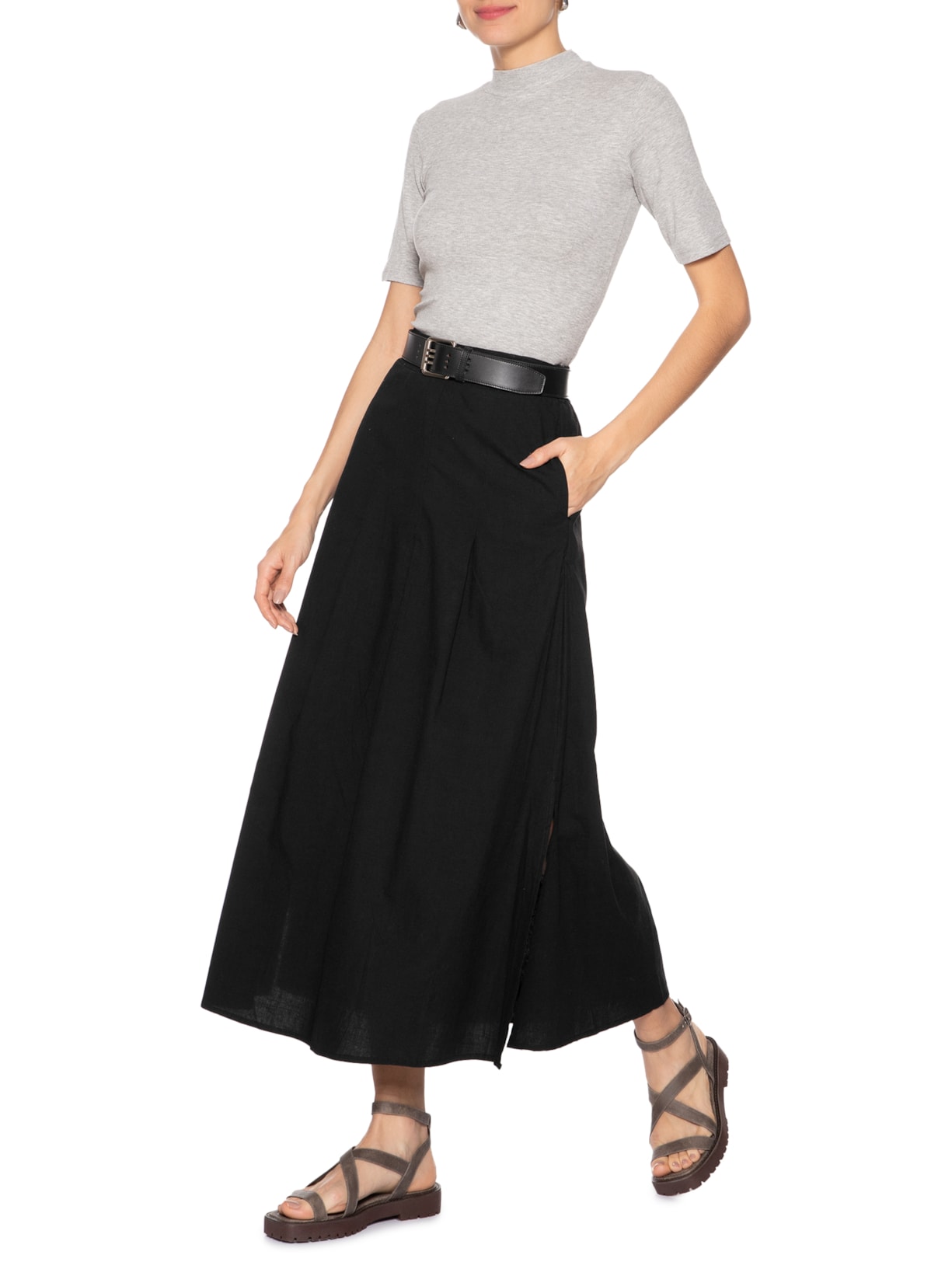 Camiseta Feminina Gola Alta Cinza  Basiq