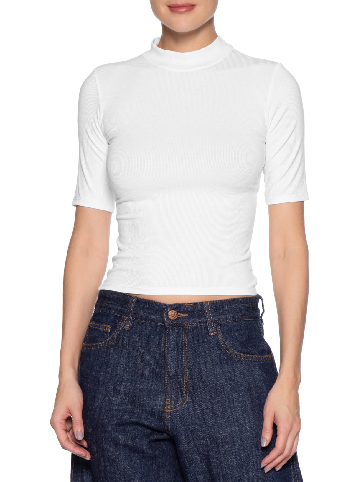 Camiseta Feminina Gola Média Manga Curta Branco Basiq