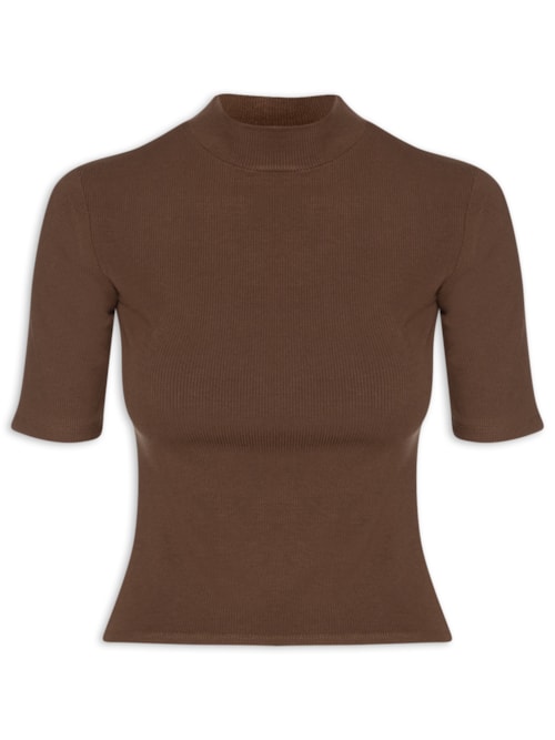 Camiseta Feminina Gola Média Manga Curta - Marrom