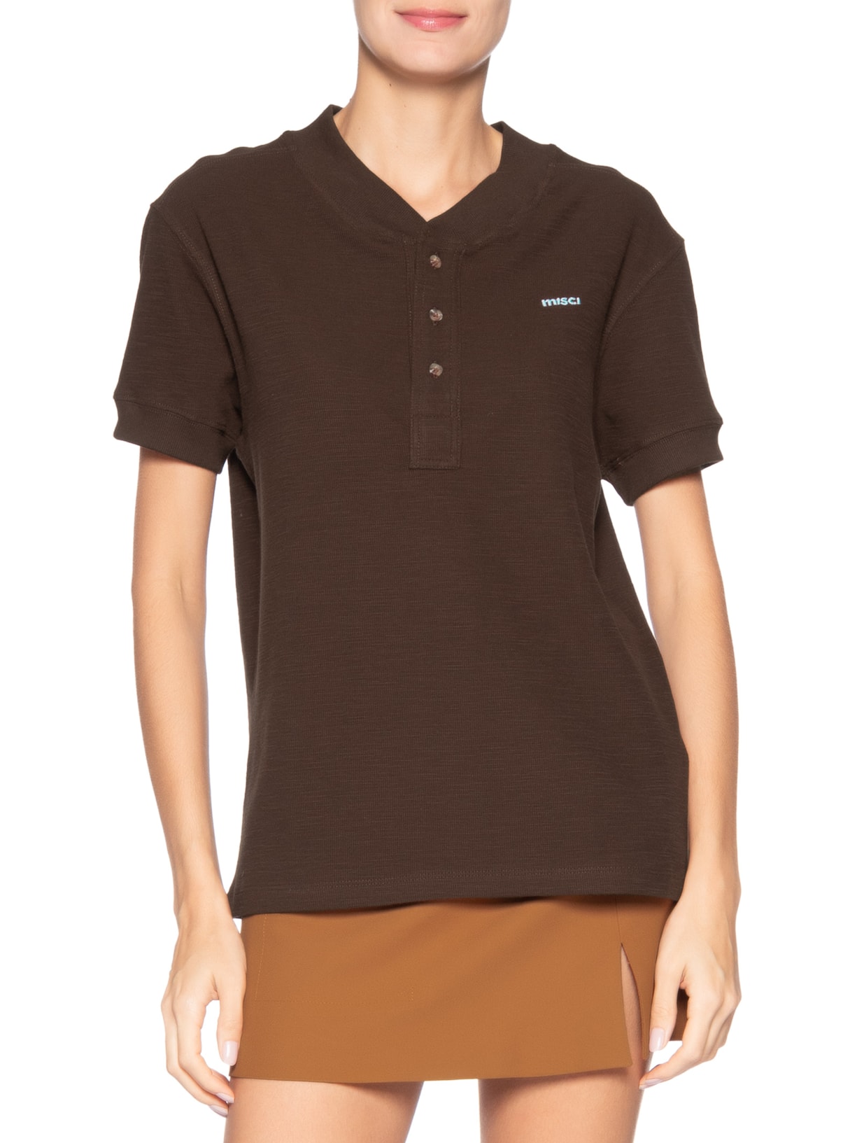 Camiseta Feminina Gola Portuguesa Algodão Marrom Misci