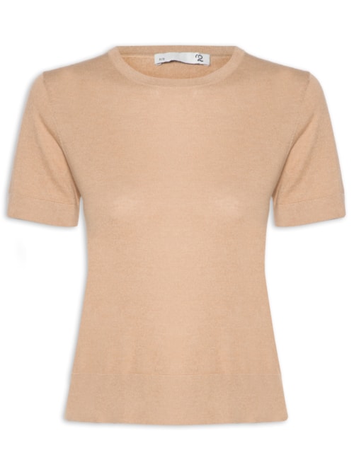 Camiseta Feminina Gola Redonda Seda com Cashmere - Bege