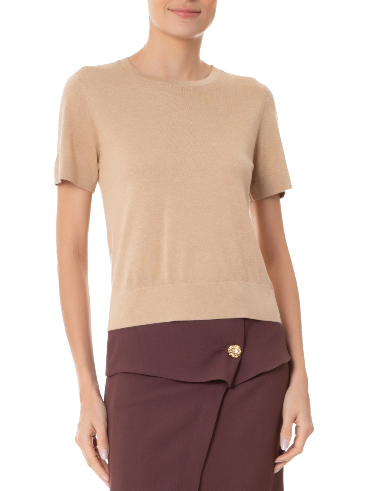 Camiseta Feminina Gola Redonda Seda com Cashmere Marrom '2Essential