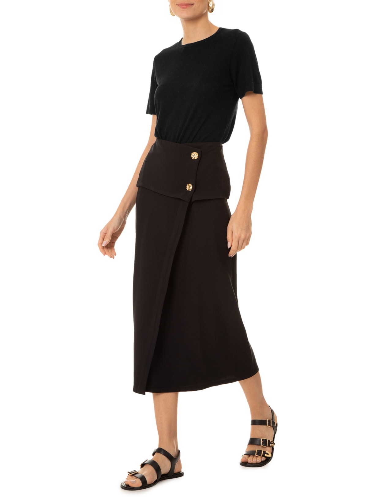 Camiseta Feminina Gola Redonda Seda com Cashmere Preto '2Essential