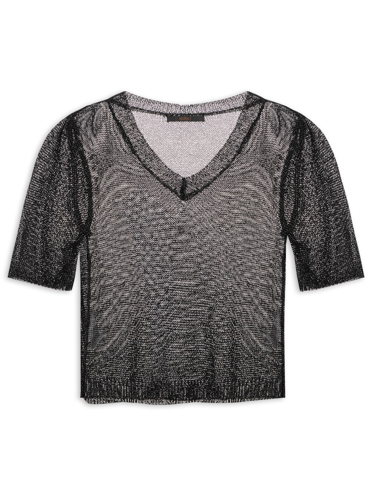 Camiseta Feminina Gola V Tricot Metalizada - Preto