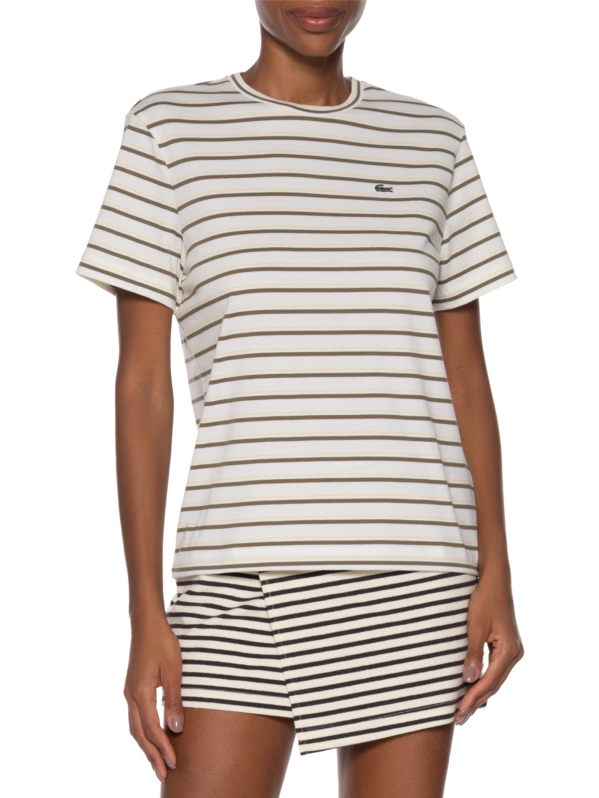 Camiseta Feminina Listrada Algodão Pima Off White Lacoste