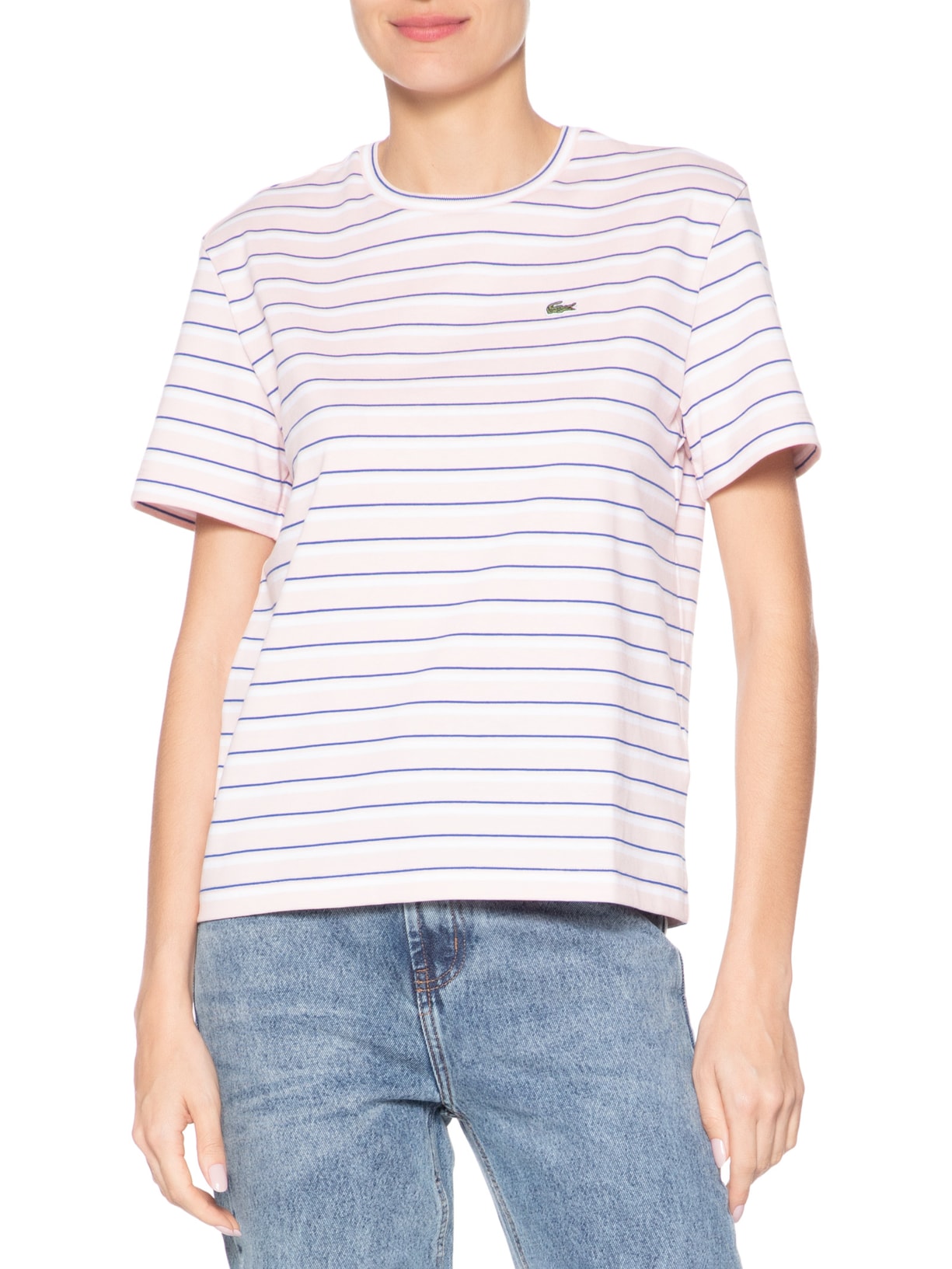 Camiseta Feminina Listrada Algodão Pima Rosa Lacoste
