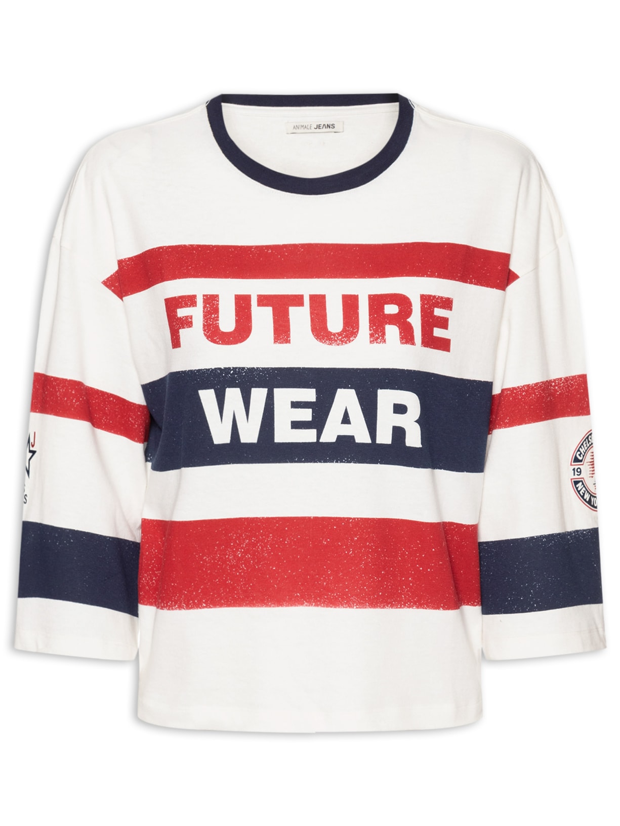 Camiseta Feminina Listrada Patch Branco Animale Jeans
