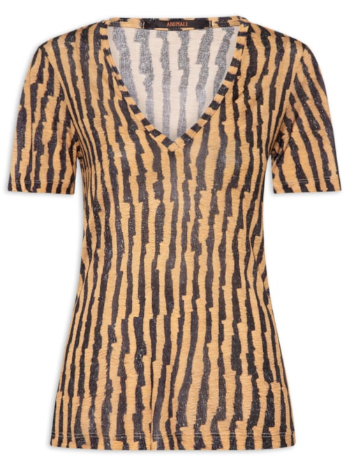 Camiseta Feminina Listras Rafia - Marrom