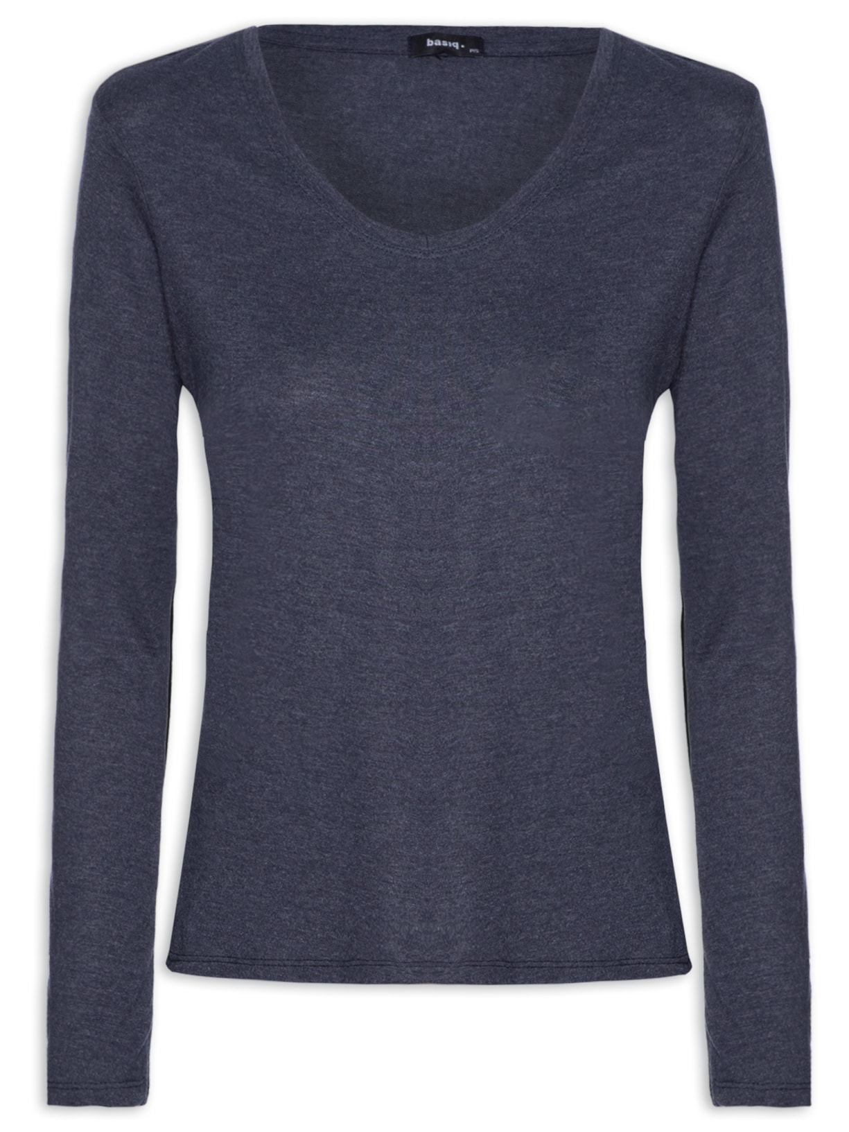 Camiseta Feminina Malha Com Decote V Azul Basiq