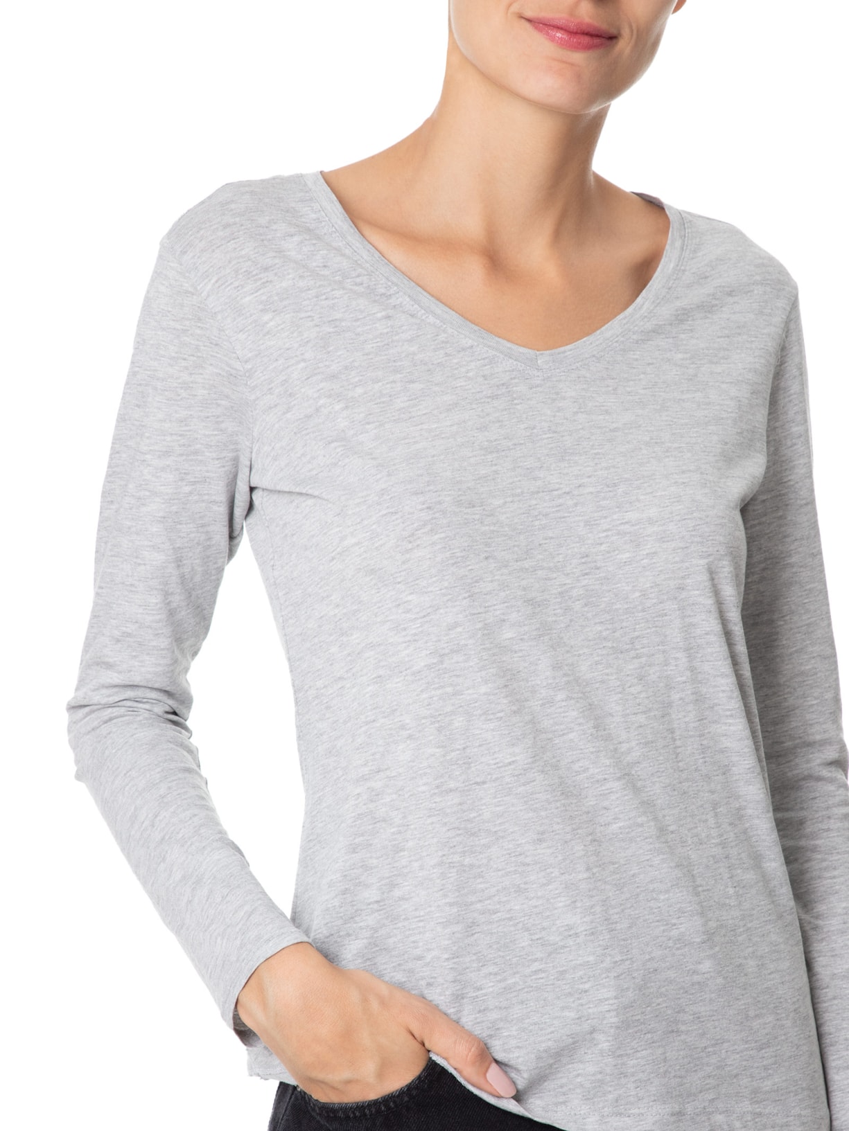 Camiseta Feminina Malha Com Decote V Cinza Basiq